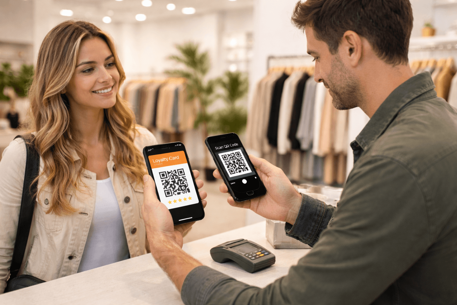 Comerciante escaneando la tarjeta de fidelidad de un cliente