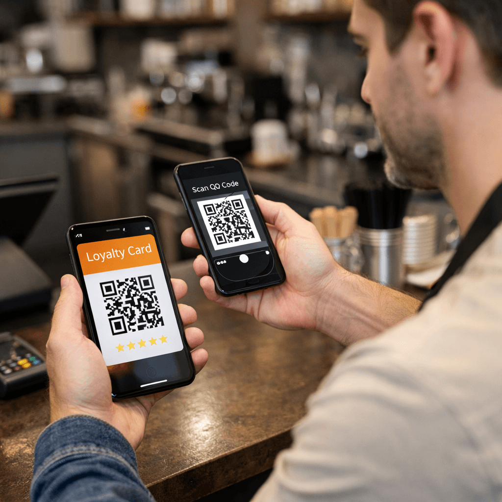 Comerciante escaneando la tarjeta de fidelidad de un cliente