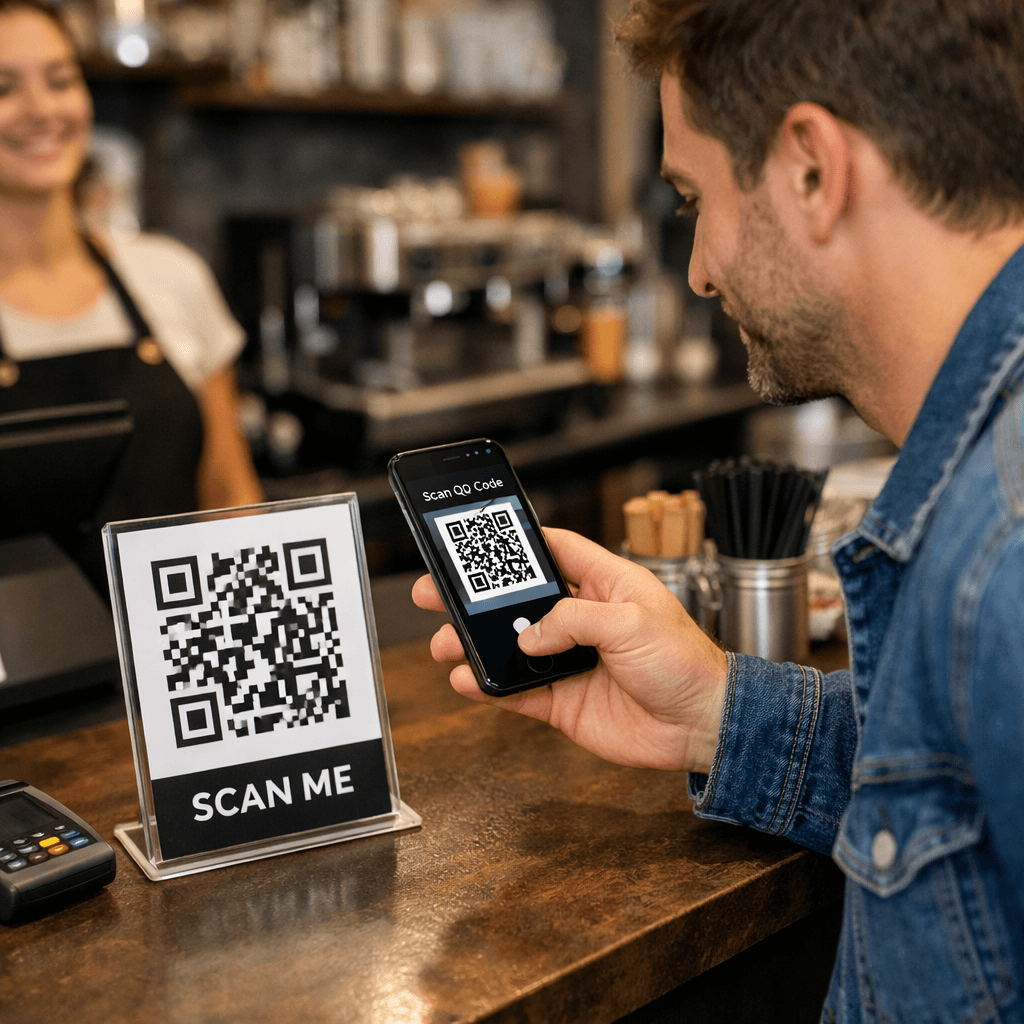Customer scanning a QR code in a shop